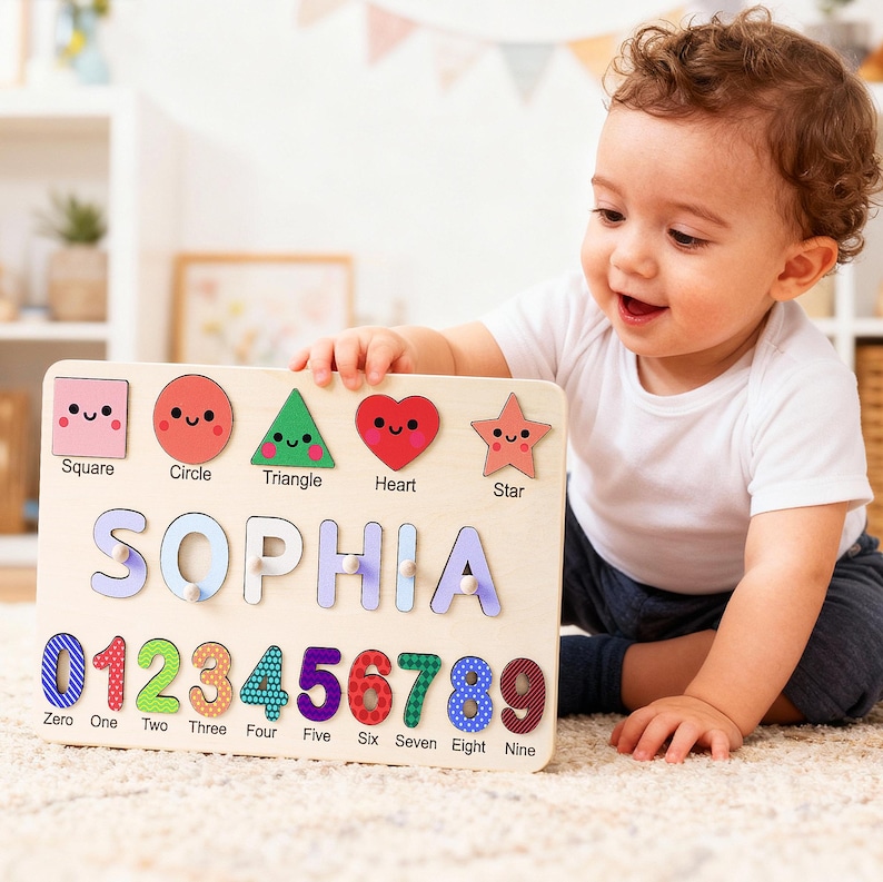 Personalized Baby Name Puzzle, Early Learning Busy Board, Wooden Baby Toy, Baby Room Decor, 1st Christmas Gift for kids, 1st Birthday Gift
Safe & Premium Quality​
Made of high-quality solid wood with multiple sanding processes—smooth edges
Printed with non-toxic paint—vibrant colors, zero odor, safe for long-term play
Kids feel like they’re exploring a real animal world!​
Perfect for Parent-Child Time​
Share joy as they finish & tell stories about the animals—great for language development!