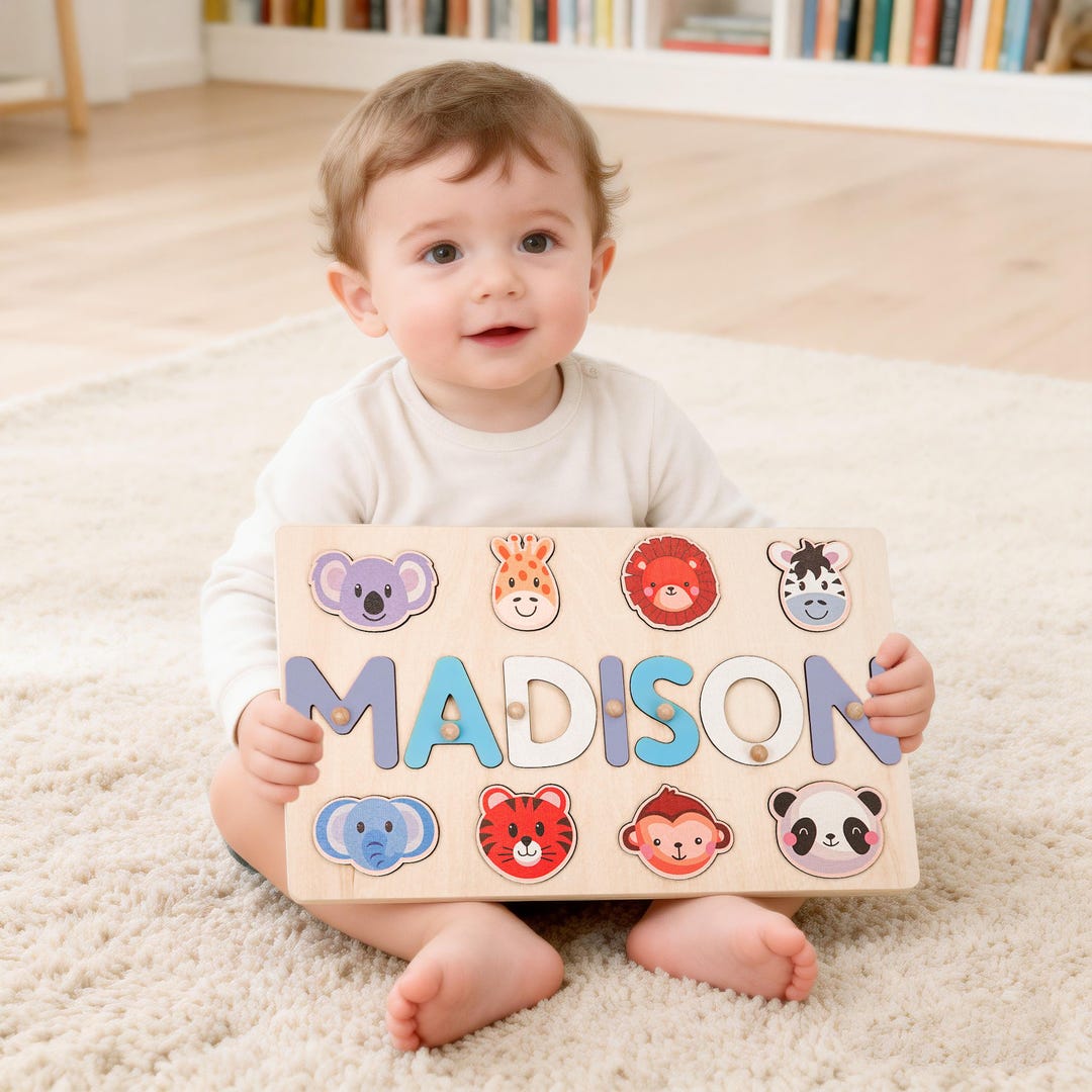 Personalized Baby Name Puzzle, Custom Wooden Animal Puzzle for Toddler ...