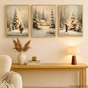 Art mural de Noël rustique - Toile pour les fêtes de fin d'année dans une ferme nordique | Décoration hivernale du père Noël et du sapin | Oeuvre d'art inspirée de la nature sans cadre