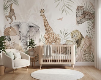 Papier peint personnalisé girafe de la jungle pour chambre d'enfant • Papier peint Safari pour chambre d'enfant de taille personnalisée • Décoration d'animal tropical de bande dessinée