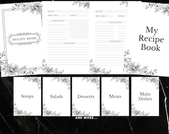 Puede incluir: Plantillas de recetas imprimibles en blanco y negro con detalles florales. El diseño incluye páginas de recetas, una portada de libro de recetas y divisores de categorías para sopas, ensaladas, postres, carnes y platos principales. El texto incluye "Printable Recipe Templates" y "My Recipe Book."