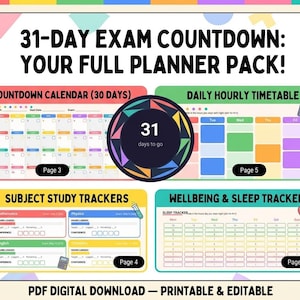 Peut inclure: Un pack de planification numérique pour les examens, avec un compte à rebours de 31 jours, un emploi du temps quotidien, des suivis d'études et un suivi du bien-être et du sommeil. Le design est coloré avec le texte "31-DAY EXAM COUNTDOWN: YOUR FULL PLANNER PACK!"