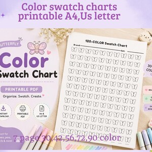 May include: A printable color swatch chart in PDF format featuring a butterfly theme. The document includes a 120-color grid with butterfly outlines for organizing markers, pens, and pencils. Text includes "Color Swatch Chart," "120-COLOR Swatch Chart," and "Printable PDF." The design is presented on a light purple background with lavender illustrations.