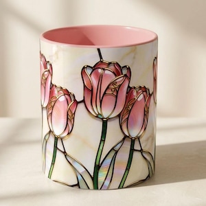 Pink Tulip Mug Stained Glass Floral Coffee Cup Aesthetic Ceramic Gift Woman Birthday Spring Flower Tea Cozy Beverage Holder Kitchen Home Design Botanical Vessel Handcrafted Artistry Premium Construction Daily Use Essential Beautiful Present