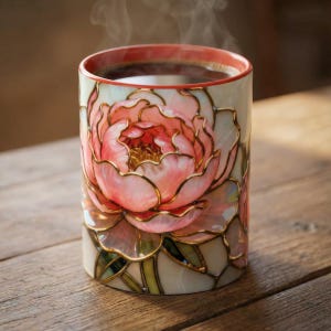 Pink Floral Mug Stained Glass Artistic Ceramic Flower Cup Elegant Tea Drinking Vessel Handcrafted Design Unique Gift Kitchen Accessory Home Red
