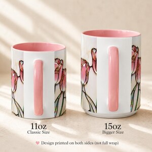 Pink tulip stained glass mug with soft pink handle and interior. Sizes 11oz and 15 oz.