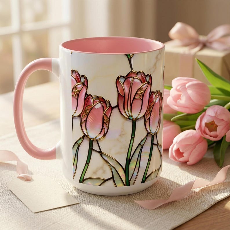 K&ouml;nnte beinhalten: Wei&szlig;er Keramikbecher mit rosa Innenraum und Griff. Der Becher zeigt ein Buntglas-Design aus rosa Tulpen mit goldenen Akzenten. Der Becher ist mit einem Blumendesign verziert und ist ein perfektes Geschenk f&uuml;r jeden Anlass.