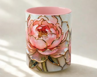 Pink Floral Mug Stained Glass Artistic Ceramic Flower Cup Elegant Tea Drinking Vessel Handcrafted Design Unique Gift Kitchen Accessory Home