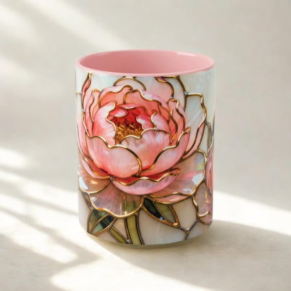 Pink Floral Mug Stained Glass Artistic Ceramic Flower Cup Elegant Tea Drinking Vessel Handcrafted Design Unique Gift Kitchen Accessory Home