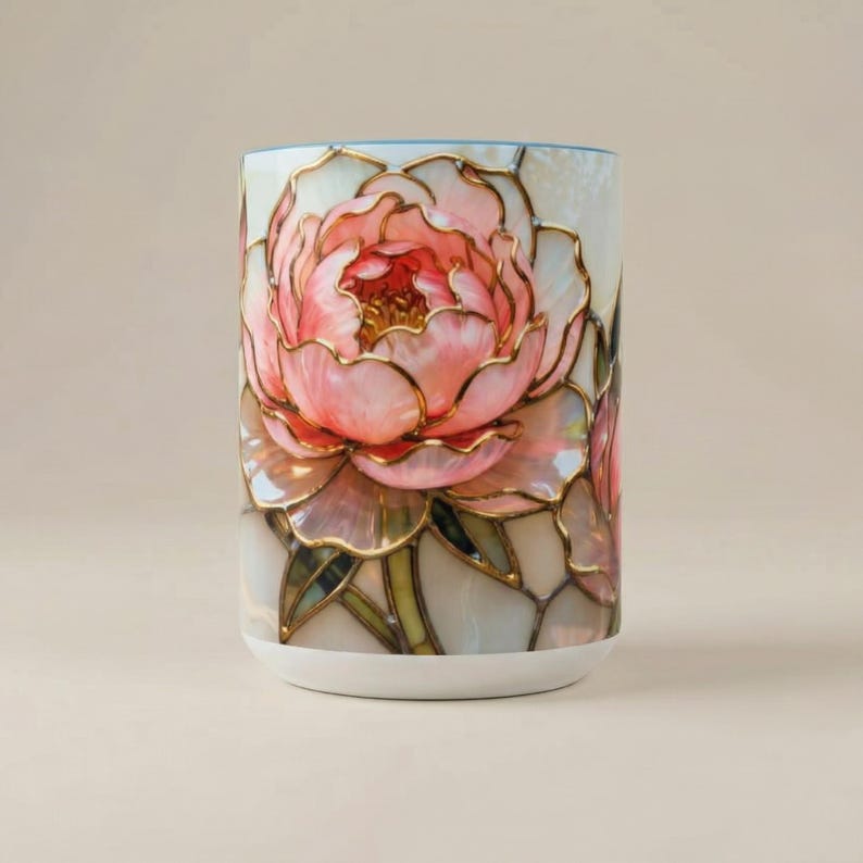 Pink Floral Mug Stained Glass Artistic Ceramic Flower Cup Elegant Tea Drinking Vessel Handcrafted Design Unique Gift Kitchen Accessory Home image 8