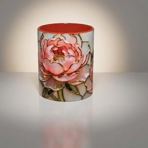 Handcrafted Ceramic Mug Pink Floral Design Stained Glass Appearance Artistic Tea Cup Elegant Coffee Vessel Beautiful Kitchen Accessory Unique Gift Idea Special Present Option Tea Lover Collection Decorative Home Addition Morning Routine