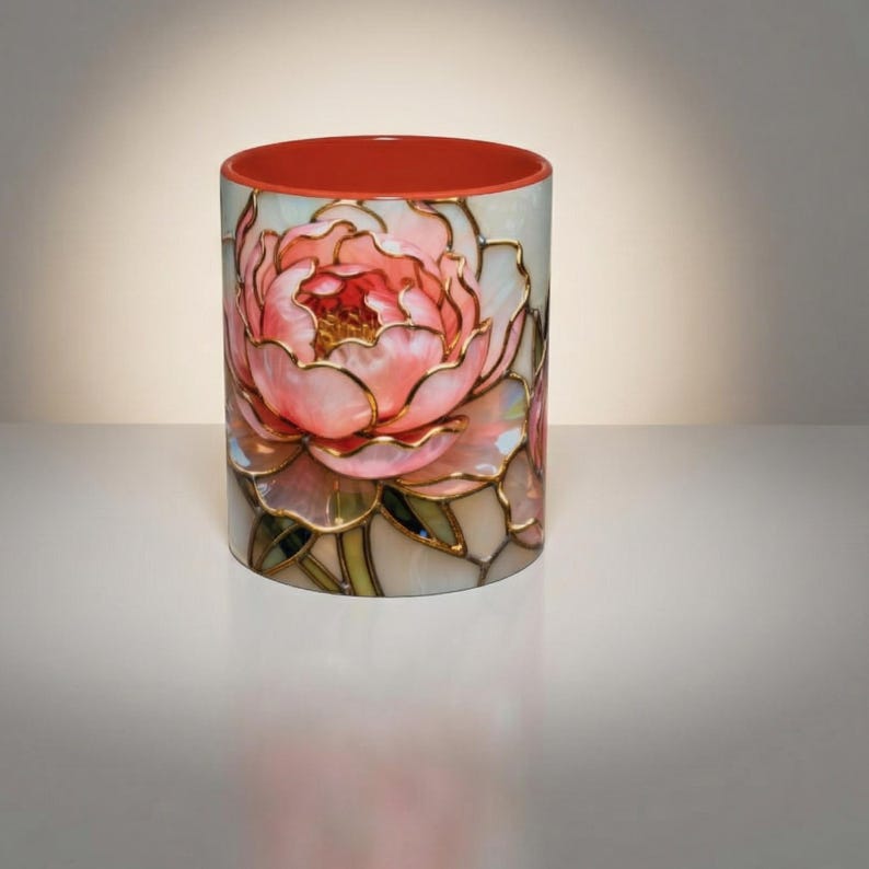 Handcrafted Ceramic Mug Pink Floral Design Stained Glass Appearance Artistic Tea Cup Elegant Coffee Vessel Beautiful Kitchen Accessory Unique Gift Idea Special Present Option Tea Lover Collection Decorative Home Addition Morning Routine