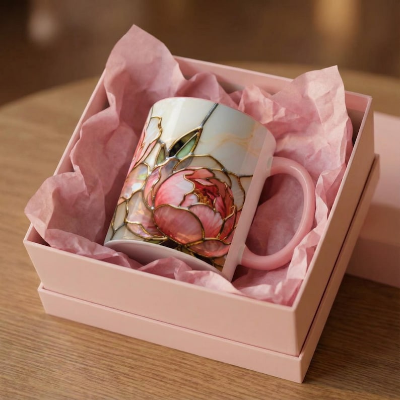 Pink Floral Mug Stained Glass Artistic Ceramic Flower Cup Elegant Tea Drinking Vessel Handcrafted Design Unique Gift Kitchen Accessory Home image 11
