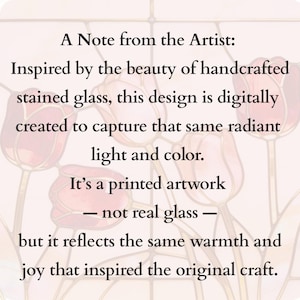 K&ouml;nnte beinhalten: Gedrucktes Kunstwerk mit floralem Design, inspiriert von Buntglas. Der Text lautet: "Inspiriert von der Sch&ouml;nheit handgefertigten Buntglases, wurde dieses Design digital erstellt, um das gleiche strahlende Licht und die gleiche Farbe einzufangen."