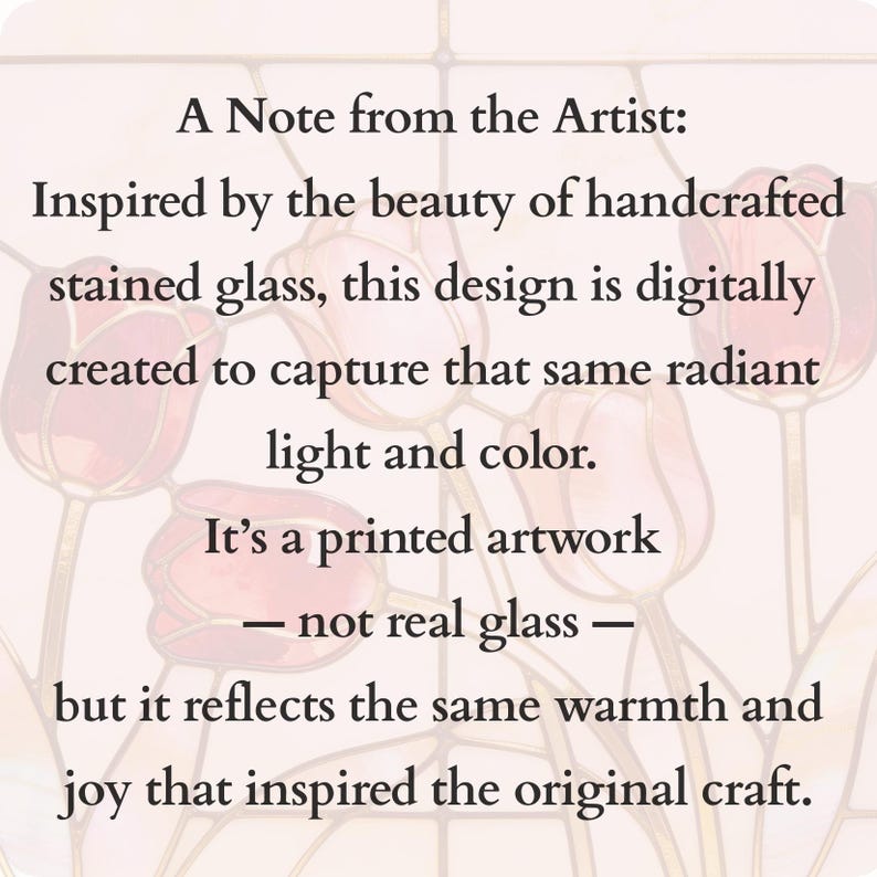 K&ouml;nnte beinhalten: Gedrucktes Kunstwerk mit floralem Design, inspiriert von Buntglas. Der Text lautet: "Inspiriert von der Sch&ouml;nheit handgefertigten Buntglases, wurde dieses Design digital erstellt, um das gleiche strahlende Licht und die gleiche Farbe einzufangen."
