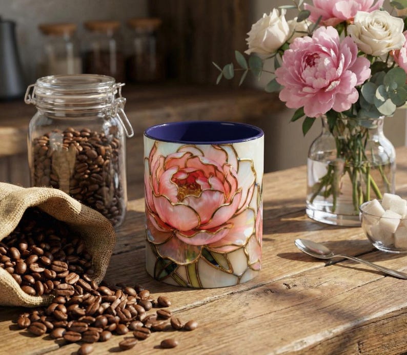 Tea Drinking Vessel Floral Design Ceramic Coffee Mug Stained Glass Appearance Artistic Cup Creation Morning Beverage Container Afternoon Tea Companion Ergonomic Handle Design Comfortable Daily Use Essential Kitchen Collection Beautiful