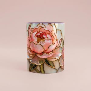Pink Floral Mug Stained Glass Artistic Ceramic Flower Cup Elegant Tea Drinking Vessel Handcrafted Design Unique Gift Kitchen Accessory Home Purple
