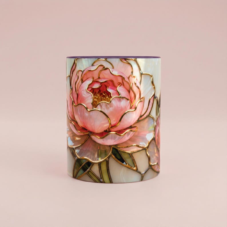 Pink Floral Mug Stained Glass Artistic Ceramic Flower Cup Elegant Tea Drinking Vessel Handcrafted Design Unique Gift Kitchen Accessory Home Purple