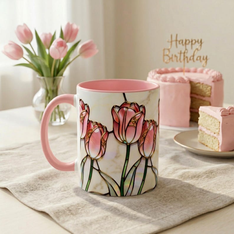 Stained Glass Floral Coffee Cup Pink Tulip Mug Aesthetic Ceramic Gift Woman Birthday Spring Flower Tea Cozy Beverage Holder Kitchen Home Design Botanical Vessel Beautiful Artistry Premium Quality Construction Daily Morning Ritual Perfect