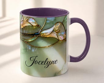 Calla Lily Mug Personalized Name Floral Coffee Cup Stained Glass Style Elegant Botanical Design Gift for Her Nature Inspired Drinkware
