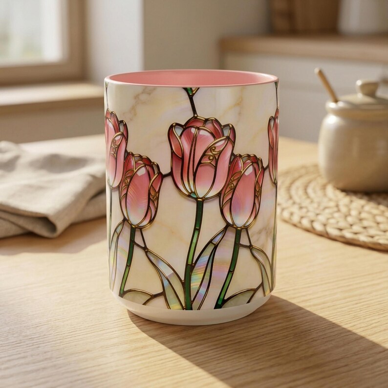 K&ouml;nnte beinhalten: Eine zylindrische Keramikvase mit rosa Innenraum und cremefarbenem &Auml;u&szlig;eren. Das &Auml;u&szlig;ere zeigt ein Buntglasdesign aus rosa Tulpen mit gr&uuml;nen Stielen und goldenen Umrissen. Die Vase steht auf einer Holzoberfl&auml;che.