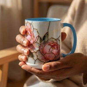 Pink Floral Mug Stained Glass Artistic Ceramic Flower Cup Elegant Tea Drinking Vessel Handcrafted Design Unique Gift Kitchen Accessory Home Light Blue