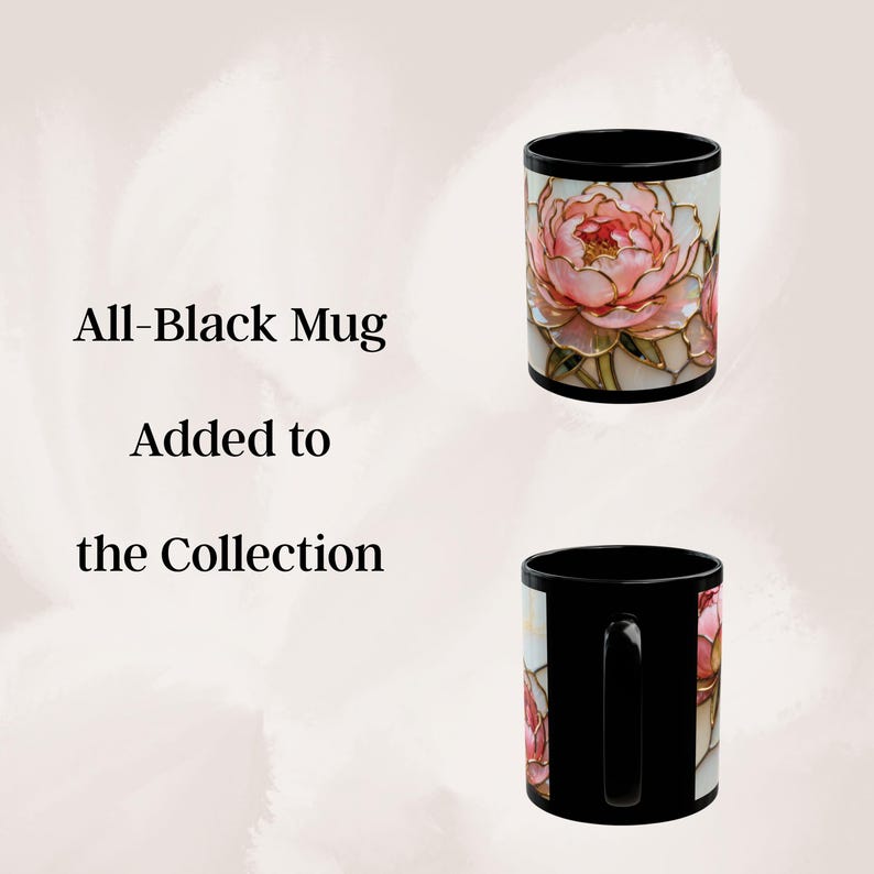 Pink Floral Mug Stained Glass Artistic Ceramic Flower Cup Elegant Tea Drinking Vessel Handcrafted Design Unique Gift Kitchen Accessory Home All Black
