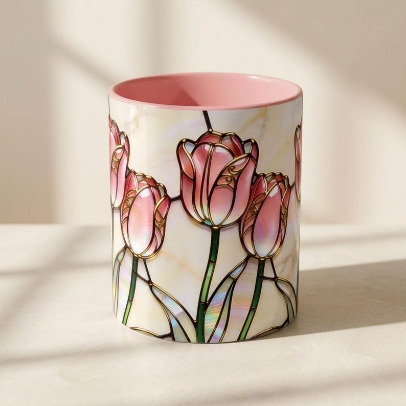 Pink Tulip Mug Stained Glass Floral Coffee Cup Aesthetic Ceramic Gift Woman Birthday Spring Flower Tea Cozy Beverage Holder Kitchen Home Design Botanical Vessel Handcrafted Artistry Premium Construction Daily Use Essential Beautiful Present