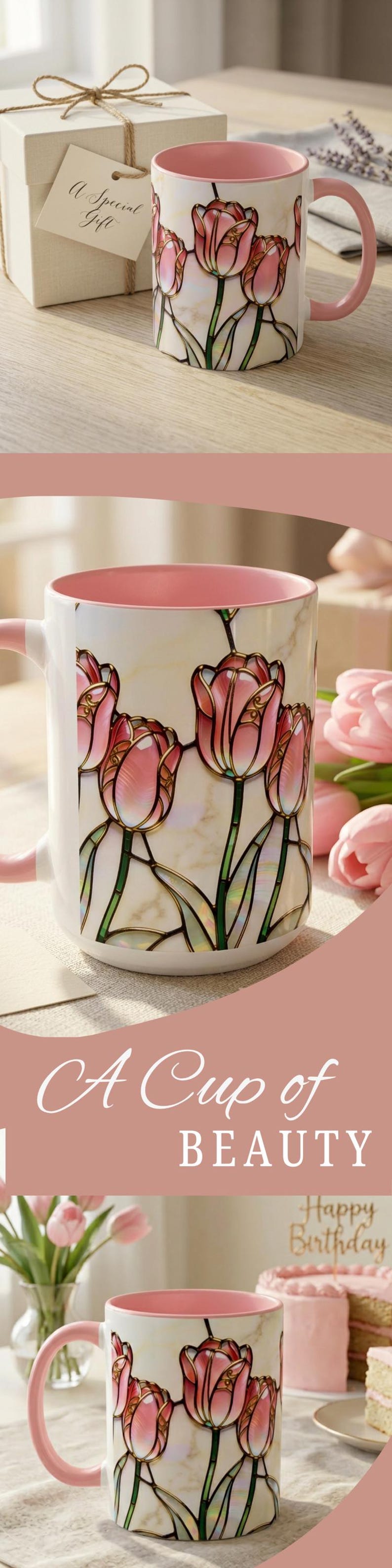 K&ouml;nnte beinhalten: Wei&szlig;e Keramiktasse mit rosa Innenraum und Henkel, mit einem Tulpendesign im Glasmalerei-Stil. Die Tasse tr&auml;gt den Text "A Cup of Beauty" und ist f&uuml;r Hei&szlig;getr&auml;nke geeignet.