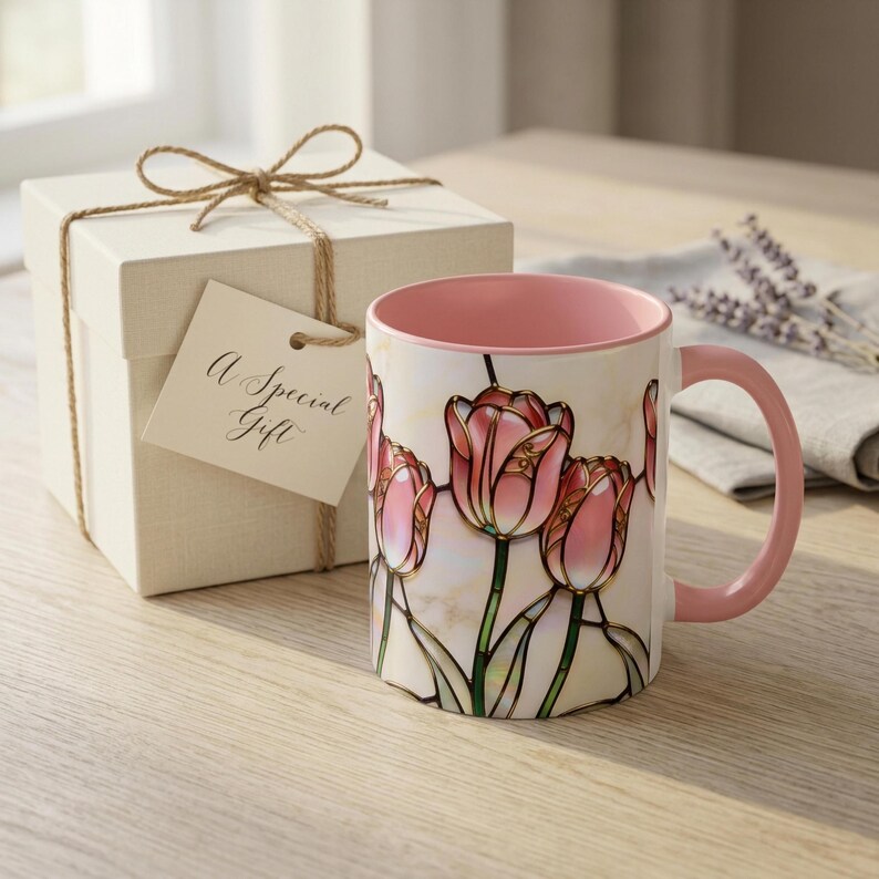 K&ouml;nnte beinhalten: Eine wei&szlig;e Keramiktasse mit rosa Innenraum und Henkel, verziert mit einem Buntglas-Tulpen-Design. Daneben eine Geschenkbox, die mit Bindfaden und einem Etikett mit der Aufschrift "A Special Gift" gebunden ist.