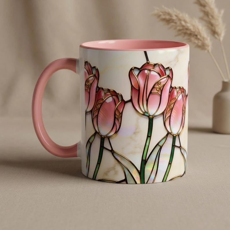 Aesthetic Ceramic Gift Woman Birthday Pink Tulip Mug Stained Glass Floral Coffee Cup Spring Flower Tea Cozy Beverage Holder Kitchen Home Design Botanical Vessel Beautiful Artistry Premium Construction Daily Morning Ritual Perfect Present