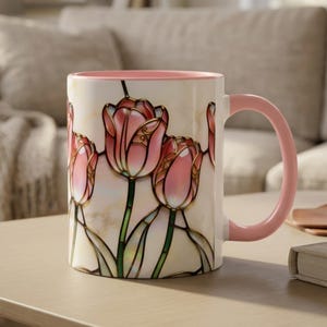 Pink Tulip Mug Stained Glass Design Floral Coffee Cup Aesthetic Ceramic Gift Spring Flower Tea Cozy Beverage Holder Woman Birthday Kitchen Home Botanical Vessel Beautiful Handcrafted Artistry Premium Quality Daily Use Morning Ritual Perfect