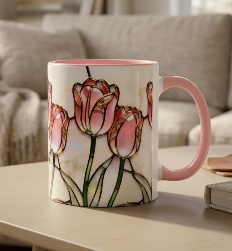 Pink Tulip Mug Stained Glass Design Floral Coffee Cup Aesthetic Ceramic Gift Spring Flower Tea Cozy Beverage Holder Woman Birthday Kitchen Home Botanical Vessel Beautiful Handcrafted Artistry Premium Quality Daily Use Morning Ritual Perfect