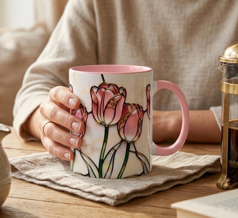 K&ouml;nnte beinhalten: Eine wei&szlig;e Keramiktasse mit rosa Griff und Innenraum, verziert mit einem Tulpenmuster im Glasmalerei-Stil in Rosa- und Gr&uuml;nt&ouml;nen. Die Tasse wird von einer Person gehalten.