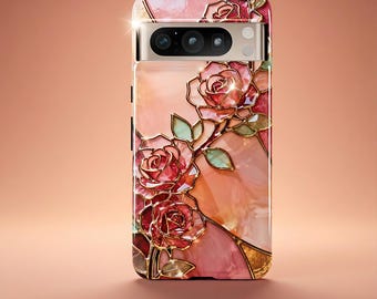 Funda para teléfono con diseño de rosas, diseño floral, estética rosa, protección resistente, estilo elegante, aspecto vintage, detalles dorados.