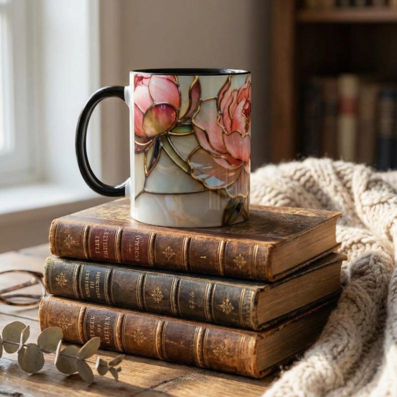 Artistic Gift Idea Floral Cup Elegant Ceramic Mug Stained Glass Appearance Beautiful Tea Vessel Coffee Lover Present Morning Beverage Container Handcrafted Design Element Unique Kitchen Addition Decorative Home Accessory Special