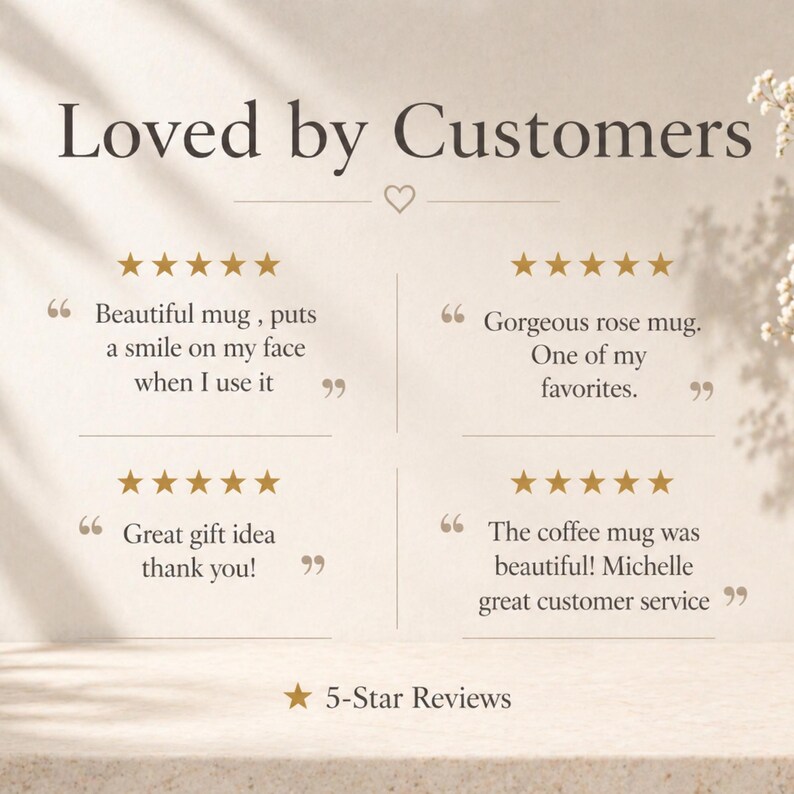 K&ouml;nnte beinhalten: Beigefarbener Hintergrund mit dem Text "Loved by Customers" und Kundenbewertungen. Die Bewertungen enthalten S&auml;tze wie "Beautiful mug", "Gorgeous rose mug" und "Great gift idea". Das Bild zeigt auch 5-Sterne-Bewertungen.