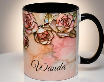 Personalized Rose Mug Floral Coffee Cup Stained Glass Style Pink Gold Design Custom Name Elegant Botanical Drinkware Birthday Gift for Her