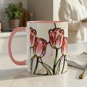 K&ouml;nnte beinhalten: Eine Keramiktasse mit rosa Griff und Rand, mit einem Buntglasdesign aus rosa Tulpen mit goldenen Umrissen. Der Hintergrund ist cremefarben. Die Tasse steht auf einer wei&szlig;en Oberfl&auml;che.