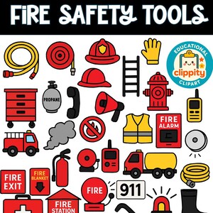 Könnte beinhalten: Eine Sammlung farbenfroher, cartoonartiger Illustrationen von Brandschutzwerkzeugen und -ausrüstung. Enthält Feuerwehrautos, Feuerlöscher, Helme, Schläuche und eine Feuerwache. Der Text oben lautet "FIRE SAFETY TOOLS". Der Text sagt "CONTAINS 80 IMAGES OF FIRE SAFETY ITEMS AVAILABLE IN COLOR AND BLACK & WHITE."