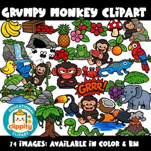 Può includere: Una raccolta di immagini clipart di cartoni animati con scimmie, un tucano, un pappagallo, un serpente e un elefante, insieme a frutta e scene della giungla. Il testo include "GRUMPY MONKEY CLIPART" e "74 IMAGES: AVAILABLE IN COLOR & BW".