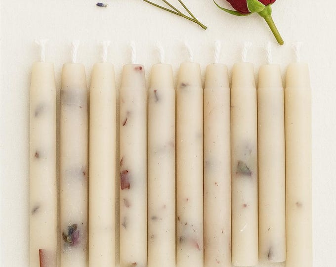 Featured listing image: 10 Dressed Chime Candles - White with Rose Petals and Lavender