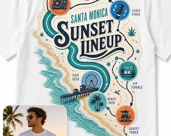 Santa Monica Sunset Lineup Design for California Beach Lovers, Pier Map, Surf, Music, Retro Coastal Art