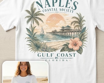 Naples Coastal Society Design for Gulf Coast Florida, Beach Pier, Palm Tree, Sailing, Resort Style Art