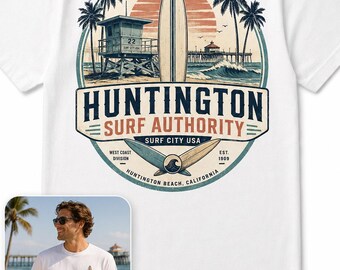 Huntington Beach Surf Authority Graphic for California Surf Fans, Beach Vacation Souvenir, Retro Coastal Badge