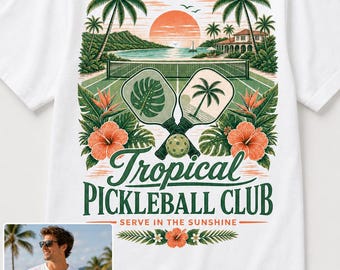 Diseño de club de pickleball tropical, gráficos de cancha isleña para jugadores de pickleball y Sunshine Games