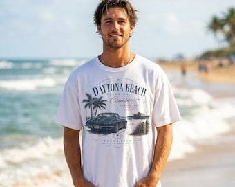 Daytona Beach Florida Design, Vintage Coastal Cruise Graphic for Classic Car Fans and Atlantic Coast Travelers