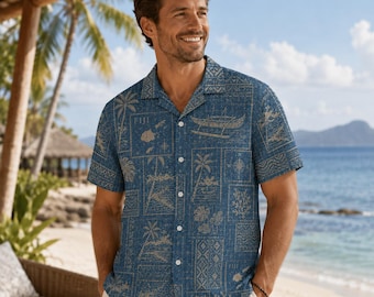 Camisa hawaiana de Fiji, camisa Aloha de isla tropical, camisa de vacaciones de resort para hombre con diseño costero de laguna