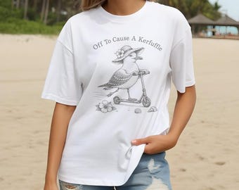 Diseño de gaviota lista para causar revuelo, gráfico divertido de ave costera con scooter y humor playero.