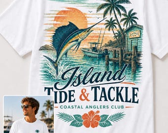 Diseño de Island Tide and Tackle Fishing, gráfico del Coastal Anglers Club con pez vela y puerto deportivo tropical.